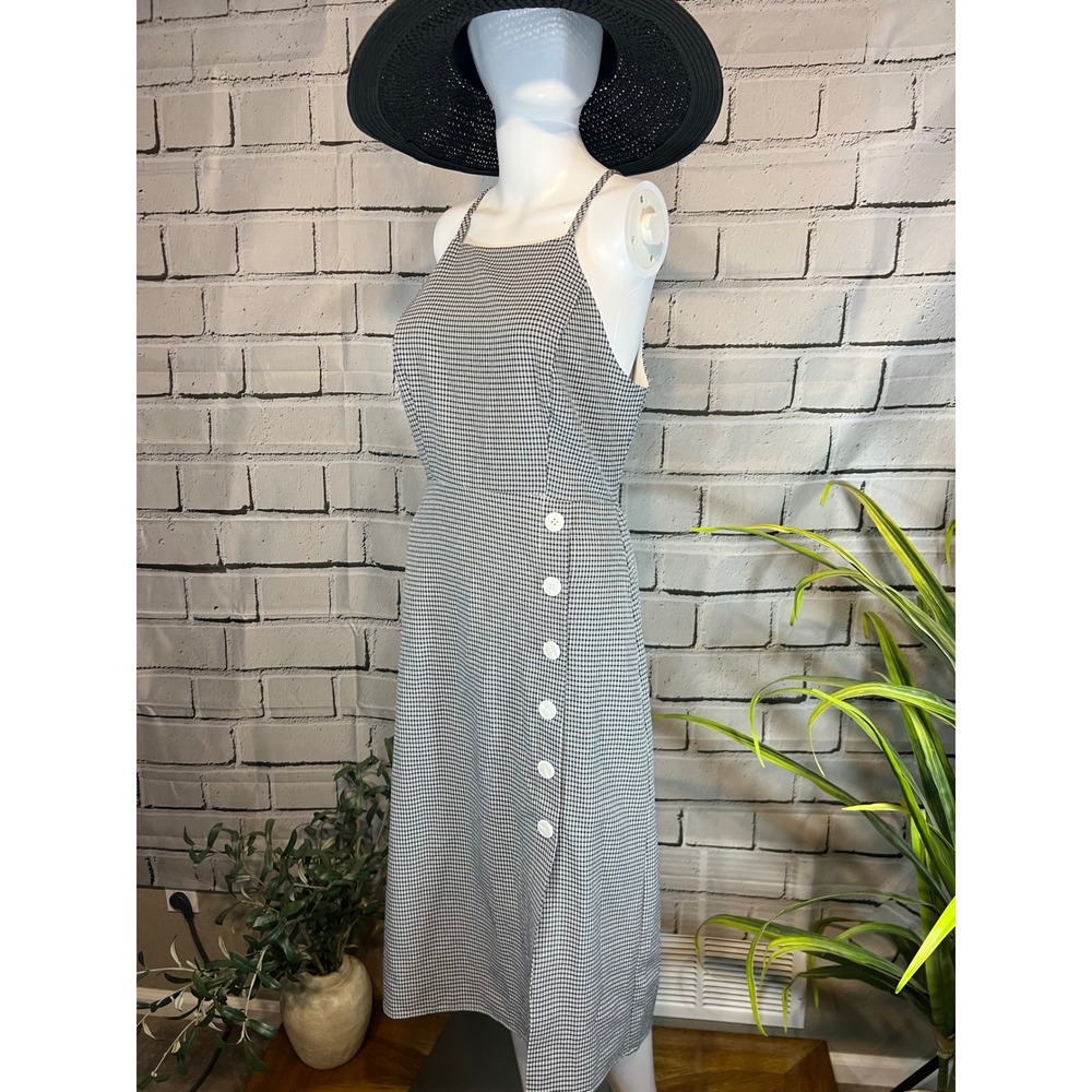 Essue Gingham Midi Dress Black White Button Back Cutout Faux Wrap LD32763 Medium